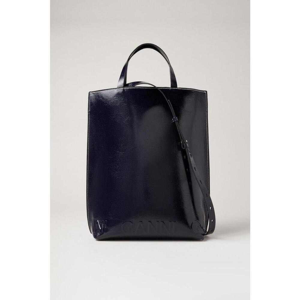 GANNI Navy Patent Banner Medium Tote with Leather Crack and Stain - Picture 3 of 11